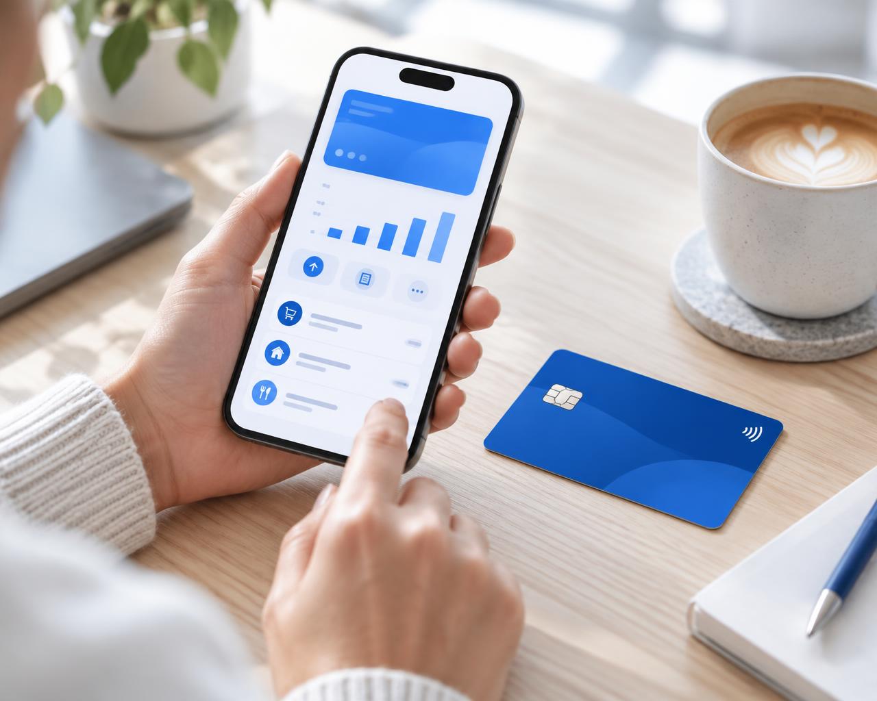 Person checking a banking app on their phone next to a contactless card